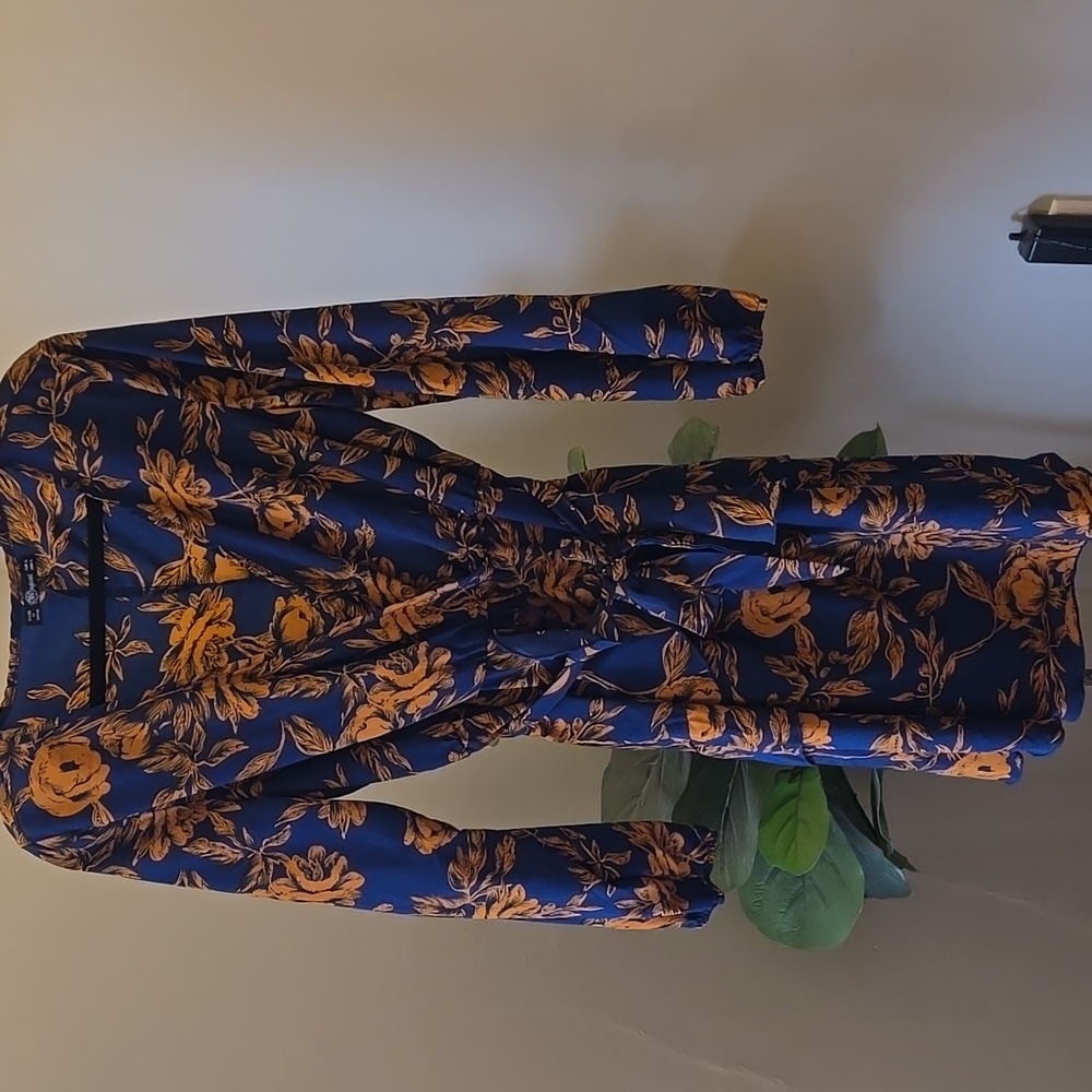 Floral Faux Wrap Dress in Blue and Rust Brown V Neck Dress For Spring